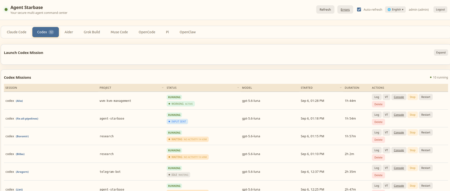 Agent Starbase web interface showing agent work